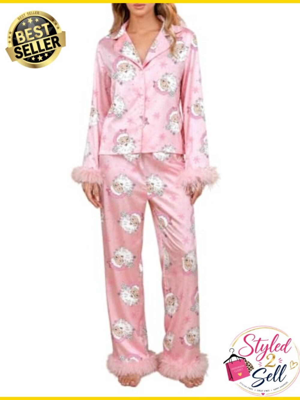 Women Silk Christmas Pajamas Feather Trim Santa Print Sleepwear Set